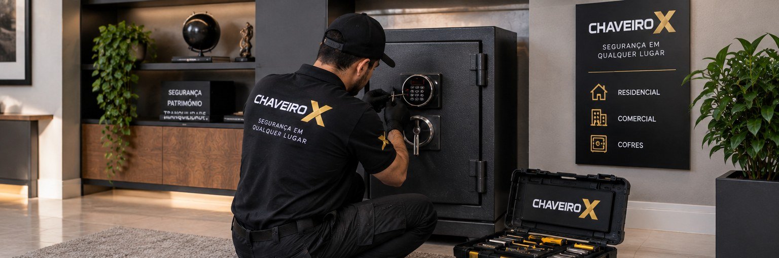 Técnico do Chaveiro X abrindo cofre residencial na Sumaré