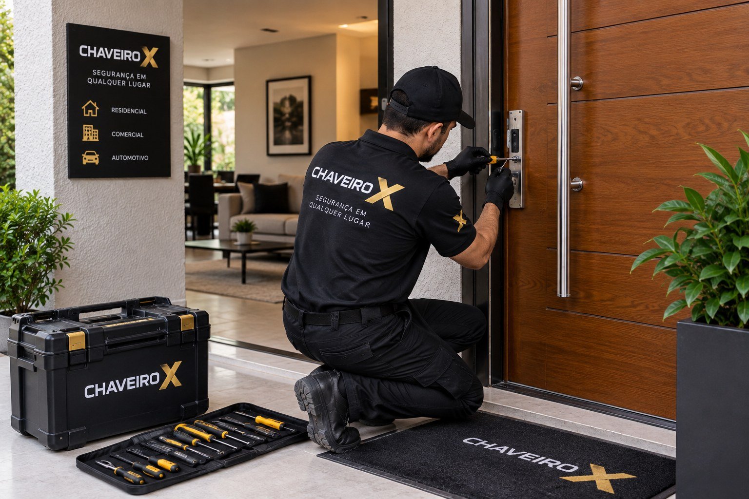 Técnico do Chaveiro X instalando fechadura em porta na Sumaré