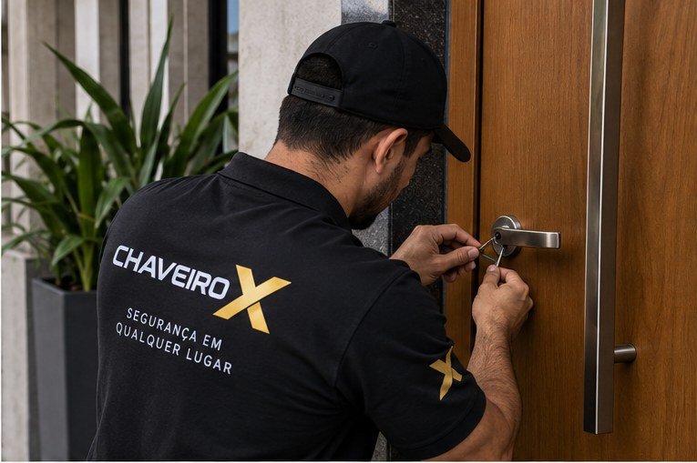 Técnico do Chaveiro X abrindo fechadura de porta na Sumaré